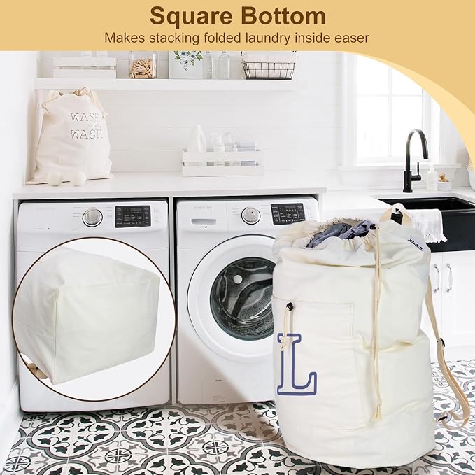 Laundry Bag Backpack Personalized Initial Canvas Laundry Bag, Letter L | with Straps & Drawstring Closure, Dirty Cloth Hamper, For College, Travel, Laundromat, Camping