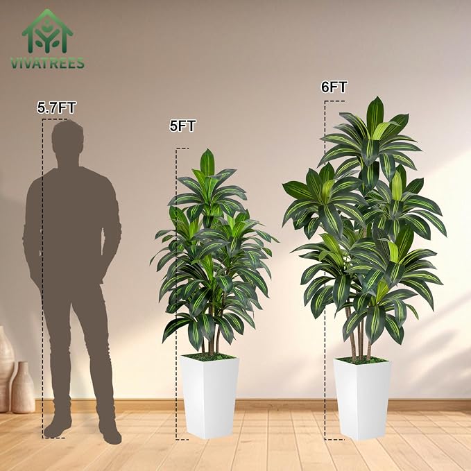 VIVATREES Dracaena Tree 6FT Artificial, 72in Tall Faux Dracaena Tree with 15.7 White Planter, Fake Potted Tree for Indoor & Outdoor Home Office Decor