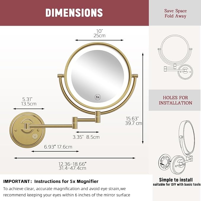 10" Plug In Extending Magnifying Mirror with Light Wall-mounted Bathroom | 2-Sided, 1/5X Vanity with Lighting, 3 Color LED Dimmable, Extension Swing Arm, Folding Adjustable, Brushed Moderne Brass