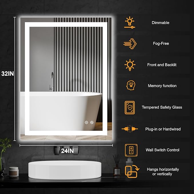 32x24 LED Bathroom Mirror with Lights, Lighted Vanity Mirror for Wall | Front and Backlit, Anti Fog, Dimmable 3 Color Lighting, Memory Function, Shatter Resistant Glass, Plug in or Hardwired
