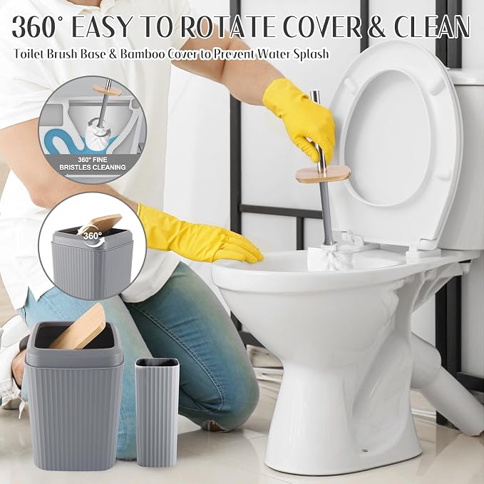 Grey Bathroom Accessories Set 17PCS Bathroom Set with Trash Can 3PCS Lotion Soap Dispenser, Toothbrush Holder, Soap Dish,Tumbler Cup,6PCS Wood Tags Bath Accessories with Tray for Bathroom