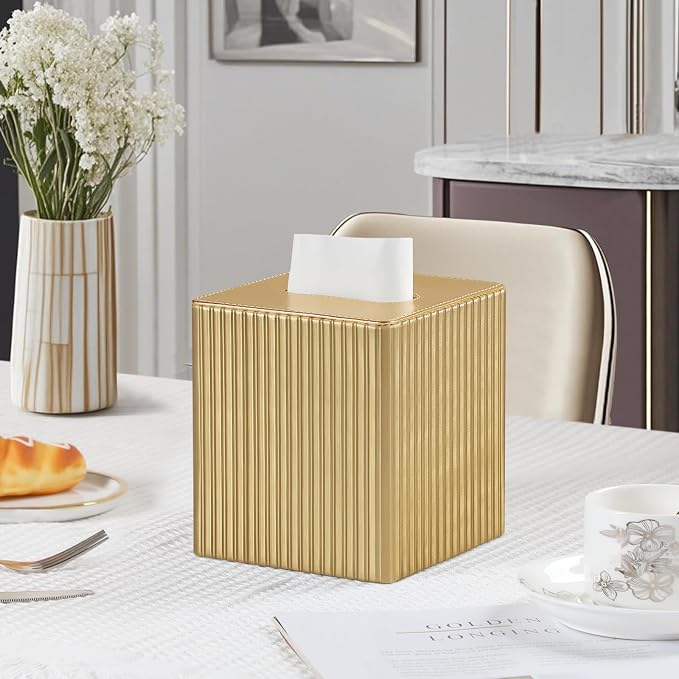 PU Leather Tissue Box Cover Square, Tissue Box Holder Gold | Non Slip Base, with Magnetic Closure, Cube Tissue Cover for Living Room Bathroom Vanity Nightstand Bedroom