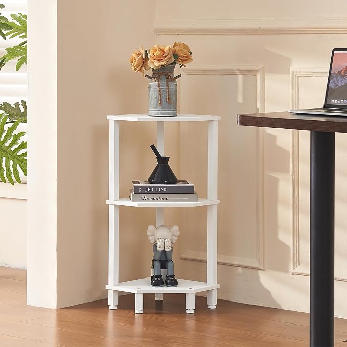 YUFAM 3-Tier Corner Shelf, White | Wooden Small Corner Table with Sturdy 5-Leg Base, Wooden Corner Bookshelf for Adjustable Base