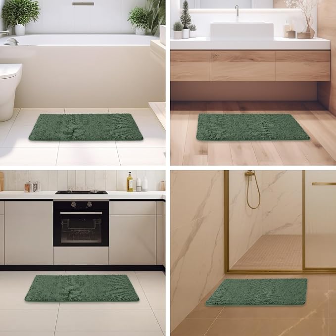 Hunter Green Bathroom Rugs – Absorbent and Washable Bath Mat, Non-Slip, Thick Soft Chenille Bath Rugs for Bathroom Floor, Shower, Sink - 20" x 32"