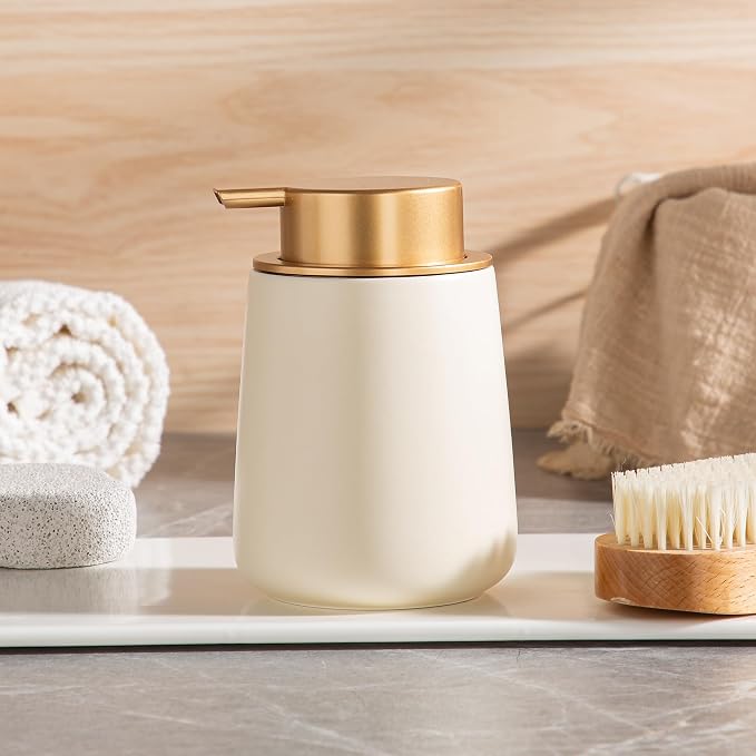 Enra Foam Soap Dispenser, Beige Foaming Hand Soap Dispenser Gold Pump | 12oz Refillable Design with Easy-Press Pump.Modern Style Enhances Sinks,Countertops, Kitchens and Bathroom Spaces.