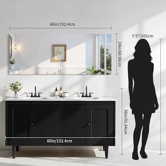 KOCUUY Frameless Mirror, 60"x24" Large Bathroom Mirror for Over Sink, Unframed Mirrors for Wall Upgraded Shatterproof Design, Modern Decorative for Bedroom, Living Room, Entryway