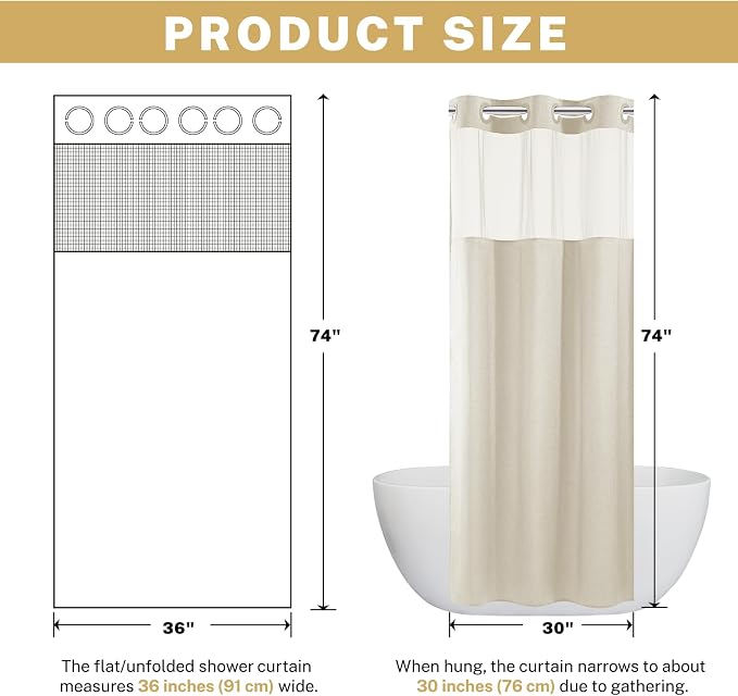 WONICY No Hook Small Shower Curtain with Snap-in Liner, Cream, 36 x 74 | Ringless, Waterproof & Washable, Hotel Style, Mesh Top Window, Bottom Magnets, Thick, Farmhouse, for Bathroom