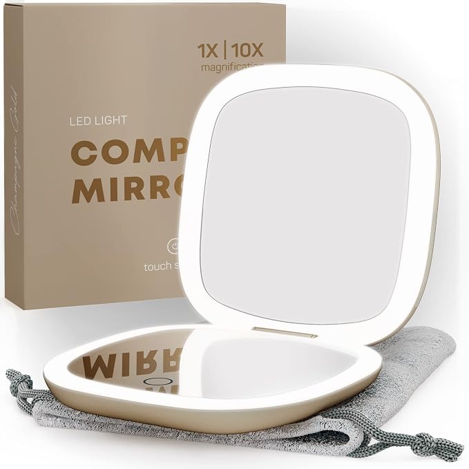 LED Lighted Travel Makeup Mirror 1x/10x, USB-C Rechargeable(Champagne Gold)