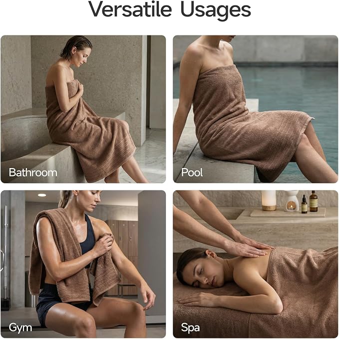 REDKISS 2 Pack Extra Large 35x70 Inch Cotton Bath Towels, Brown | 100% thick cotton, ultra soft & absorbent, quick dry brown towels for bathroom, gym, spa, pool, hotel