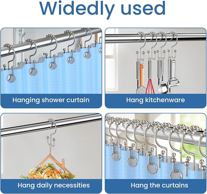 Matte Nickel Shower Curtain Hooks Double Sided with Roller Balls | for Bathroom Rods, for Shower Curtain and Liner, Smooth Gliding, Rustproof Metal, Set of 12 Hooks