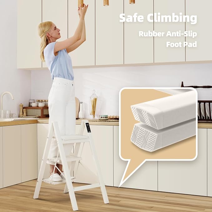 HillhutApex Aluminum Step Stool Foldable,3 Step Ladder (White) | Lightweight Portable step ladder with Anti-Slip Wide Pedal,330lbs Capacity Ladder for Household,Office,Kitchen