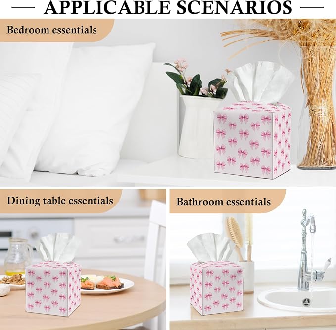 Pink Bow Tissue Box Covers Square, Leather Tissue Box Holders Decorative for Car Nightstand Home Office Bathroom Organizer, Square Facial Paper Organizer Home Decor -017