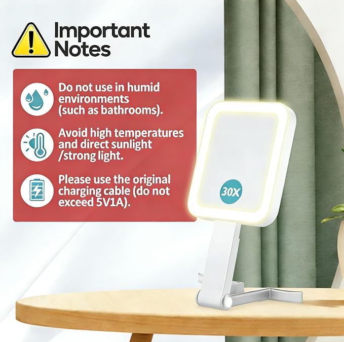 Travel Makeup Mirror with Lights, Double-Sided 1X/30X Magnifying Mirror, 3 Color Lighting & Brightness Adjustable, Portable &Foldable Handheld Mirror with Lights(White)