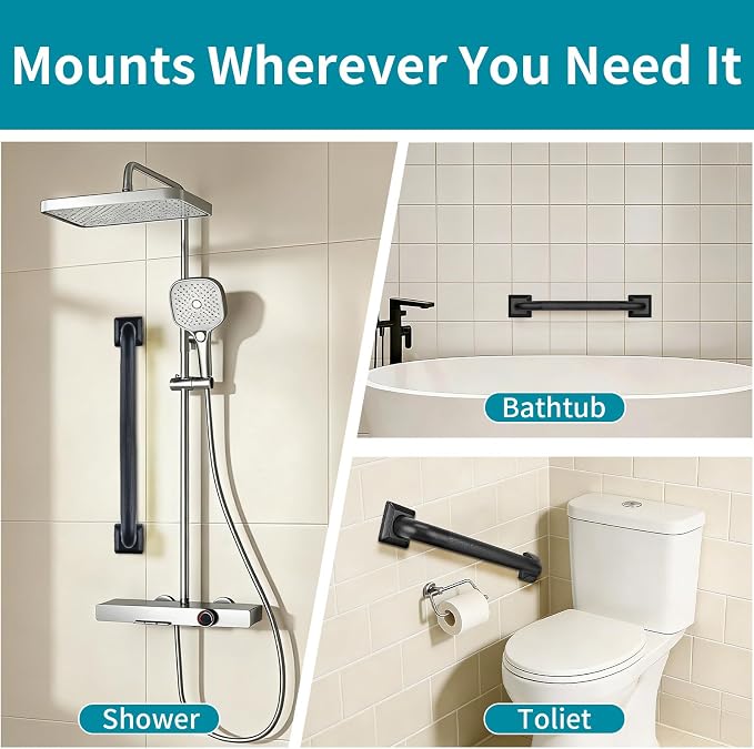 Shower Grab Bars for Seniors, 18 Inch Square Matte Black Bathroom Handle for Wall, Stainless Steel Anti Slip Bathtub Safety Bar, ADA Compliant 500 LBS Hand Rail for Elderly, Handicap