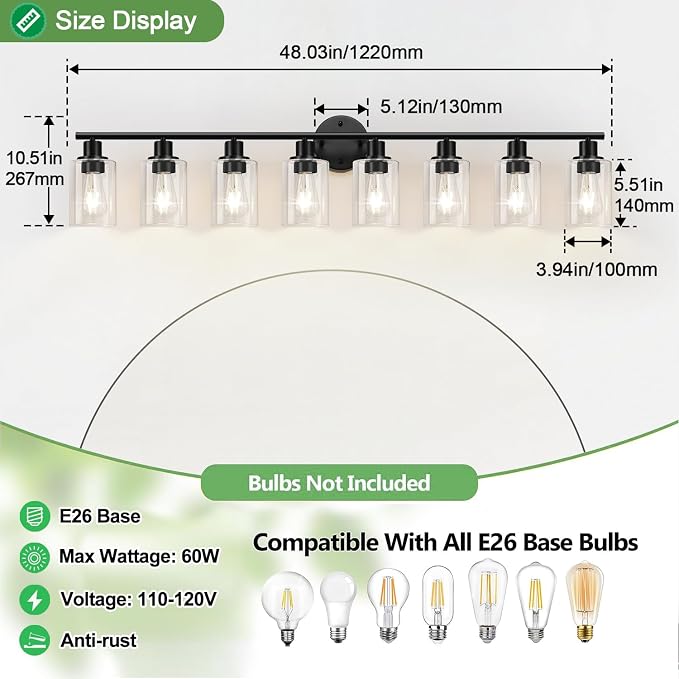 Zarbitta 8-Light Bathroom Light Fixtures, Black Modern Vanity Lights with Clear Glass Shade, Bathroom Wall Lamp, for Mirror Kitchen Living Room Hallway Cabinet Porch