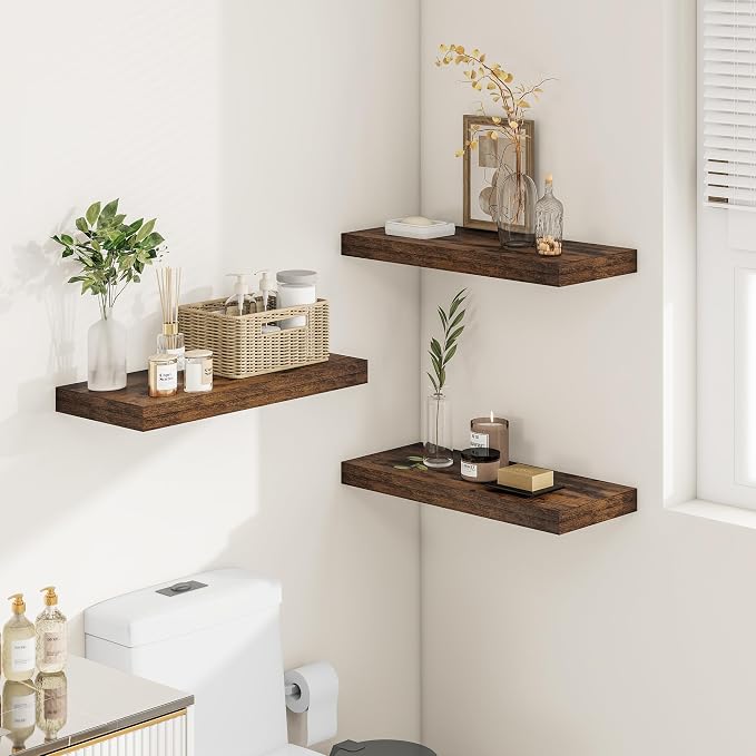 Vivelove 12" Deep Floating Shelves 24x12” Set of 2, Rustic Brown | Easy Install With Hardware, 2" Thick, Invisible Brackets, Wall Mounted, No Sagging, For Any Room
