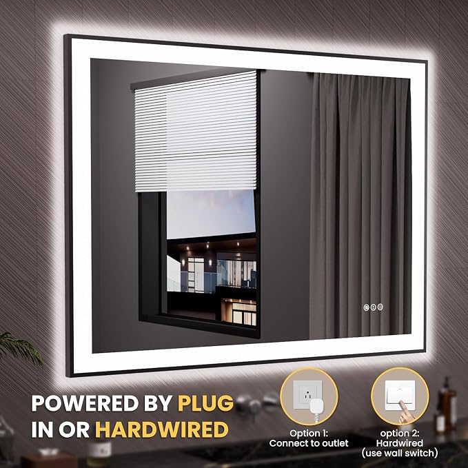LOAAO 48"X36" LED Bathroom Mirror Black Framed | Anti-Fog, Dimmable, Memory Function, Tempered Glass, Lighted Vanity Mirror for Wall