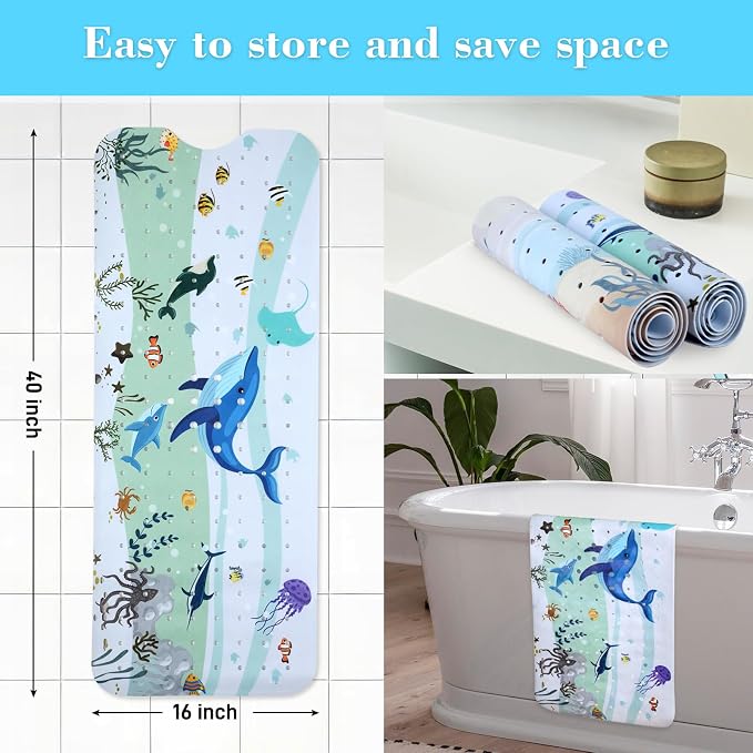 Secopad Bathtub Mat Non Slip, Cute Tub Mat, 40" x 16", Blue Dolphine | Rectangular, Anti-Slip, Machine Washable, with Drain Holes and Suction Cups,For Bathtub and Shower Floor, for Toddler & Kids