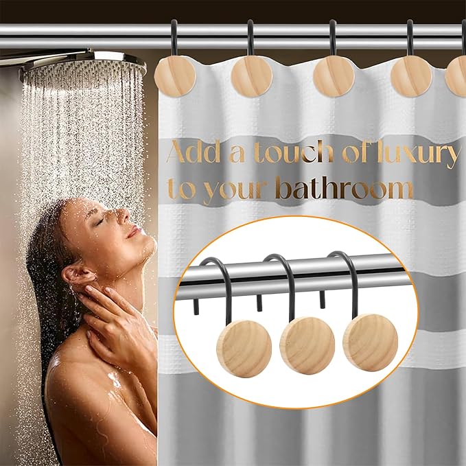 Shower Curtain Hooks, Wood Decorative Shower Curtain Rings, Modern Round Log Shower Curtain Hangers, 12PCS Shower Hooks for Shower Curtain Rod, Bedroom, Living Room (Black 1)