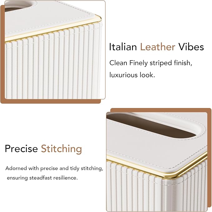 GORESE Tissue Box Cover Square Kleenexs Box Cover, PU Leather Tissue Cover with Gold-Tone Edging, Cube Tissue Box Holder for Bathroom Livingroom Car, Modern Decorative Kleenexs Cover, Cream White