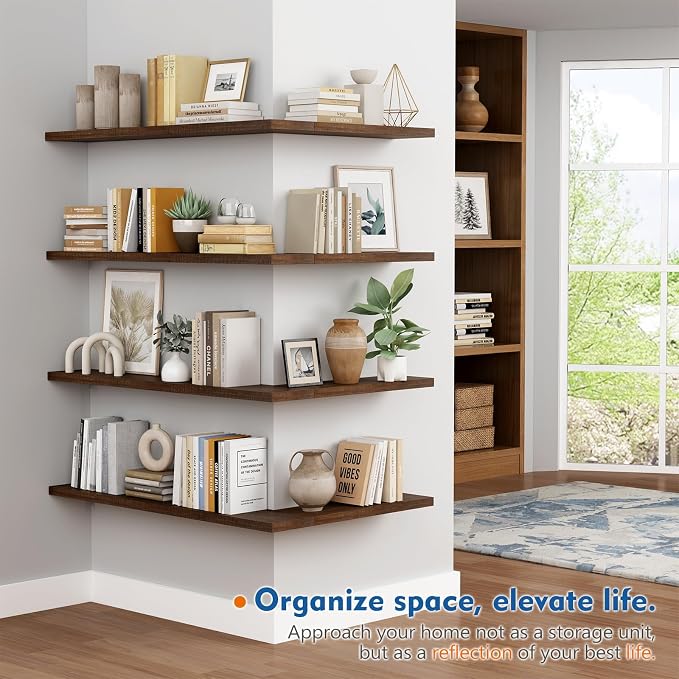 Harwaya 24 Inch Floating Shelves - Bathroom Shelves Wall Mounted | Rich Dark Wood Texture Patten | Ideal for Bedroom Office Kitchen Living Room Books Plants | 2-Pack