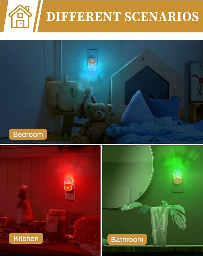 8-Color RGB Night Lights Plug Into Wall,2 Pack,Kids Night Light | Color Changing Night Light,LED Night Light with Dusk to Dawn Sensor,for Bathroom Decor Children Room,Golden Cover