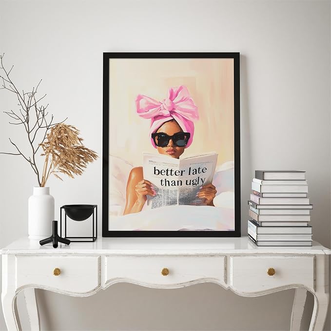 Better Late Than Ugly Canvas Wall Art Feminist Newspaper Quotes Poster Trendy Preppy Girly Aesthetic Prints 16X24 inch Black Framed for Bathroom Home Bedroom Wall Decor
