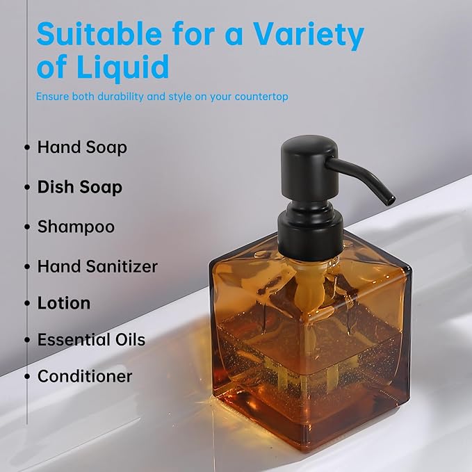 Square Bathroom Soap Dispenser Amber Bottle with Black Pump, Retangle Cube 8.4 oz Glass Bottles with Stainless Steel Pump Hand Liquid Soap Dispenser Kitchen