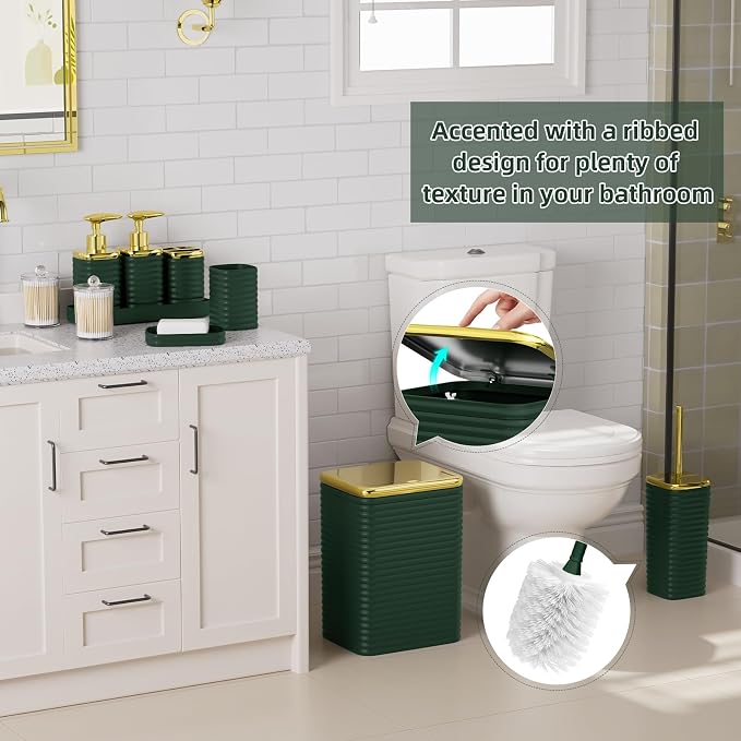 Bathroom Set - 10PC Bathroom Accessory Set, Green Bathroom Set, Luxury Bathroom Accessories Set, Trash Can, Toilet Brush, Soap Dish, Qtip Holder & Soap Dispenser