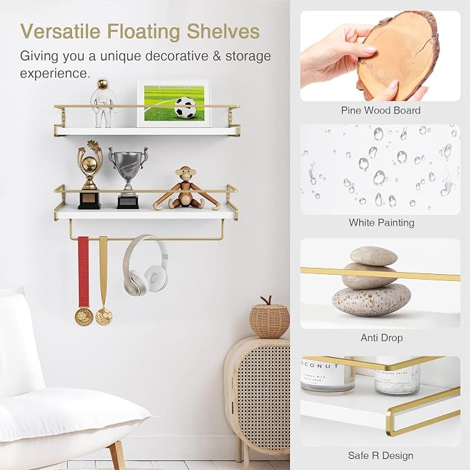 Forbena Floating Bathroom Shelves Wall Mounted, Aesthetic White and Gold Shelves for Bathroom Accessories, Modern Bathroom Organizer with Tower Bar for Wall Decor Storage Small Spaces, Set of 2