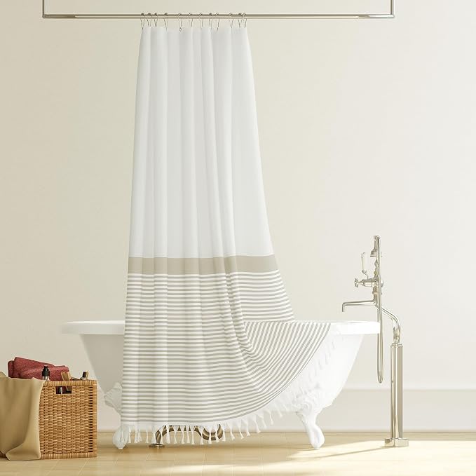 Extra Long Shower Curtains, 84 Inches Long Farmhouse Boho Striped Fabric Tassel Shower Curtains for Bathroom, Tall Bohemian Textured Cloth Shower Curtain Set with Hooks, Cream, 72x84