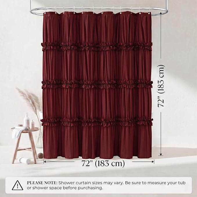 LIPA Boho Shower Curtain Rustic Ruffle Shower Curtain with Ruched & Bow Vintage Farmhouse Shower Curtains for Bathroom Bohemian Bathroom Decor(Burgundy,72x72 Inches)