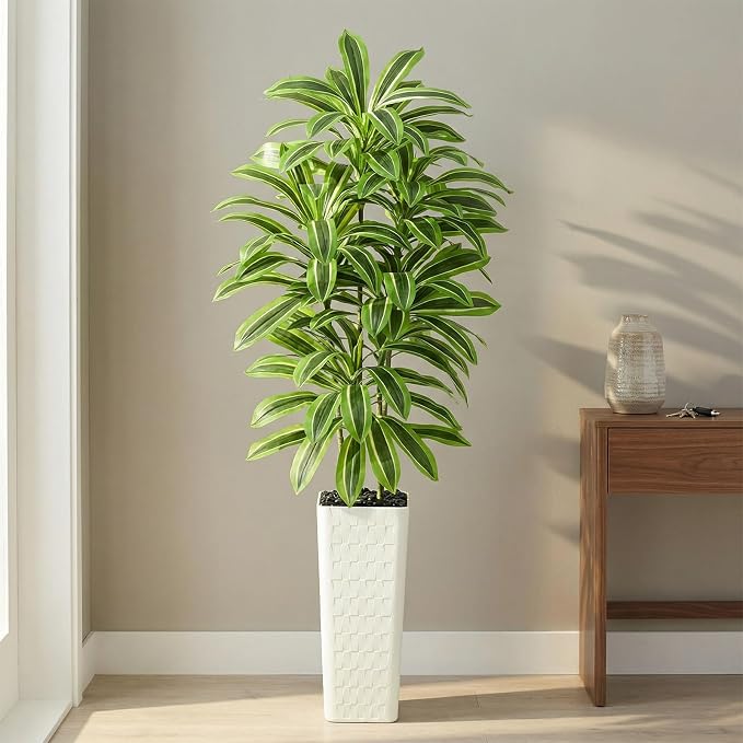 Artificial Yellow Dracaena Tree Indoor, 7FT Tall Fake Floor Plants with White Planter & Pebbles, Faux Silk Yucca Tree for Home Office Living Room Bedroom Farmhouse Modern Outdoor Topiary Tree