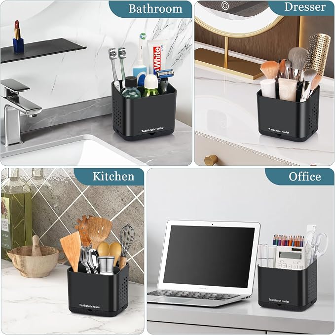 Toothbrush Holders for Bathrooms, Toothbrush and Toothpaste Holder (Black) | Easy To Clean, Drainage, Removable, Non-Slip, 4 Slots Tooth Brush Holder for Bathroom Countertop Organizer