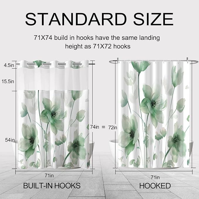 No Hook Shower Curtain and Liner Set, Green Boho Floral 71x74 | Watercolor Boho Flower, with Snap in Liner, Waterproof, Machine Washable, Quick-Drying, for Hotel Bathroom