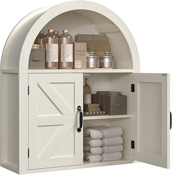 Arched Bathroom Wall Cabinet, Rustic White Farmhouse Cabinet, 23.6 x 28.7'' | Medicine Cabinet with Barn Door and with Adjustable Shelf, Wooden Storage Cabinet Wall Mounted for Bathroom Laundry Room