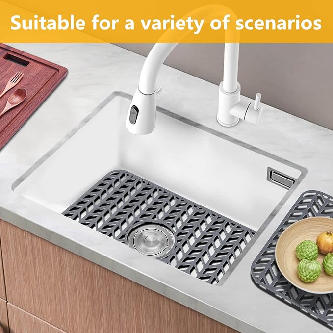 Sink Protectors for Kitchen Sink 18.2"x12.5" Center Drain Sink Mat | Various sizes and styles,Protector for sinks and dish,Withstand to 500F,Food-grade silicone ,raised feet,Dishwasher Washing