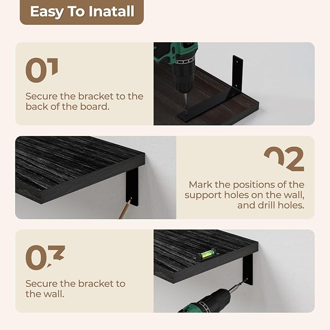 10x60 Inch Farmhouse Floating Shelf, Solid Wood Wall Mounted, Storage for Living Room, Kitchen, Bedroom (Black, Set of 3)