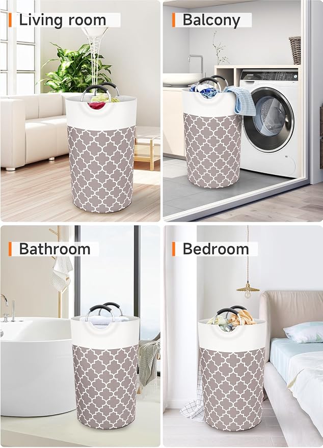 Large Laundry Basket, 82L Tall Collapsible Hamper with Handles, Khaki | Freestanding Laundry Hamper, Waterproof Dirty Clothes Storage Bag for College, Bathroom, Foldable Washing Bin for Travel