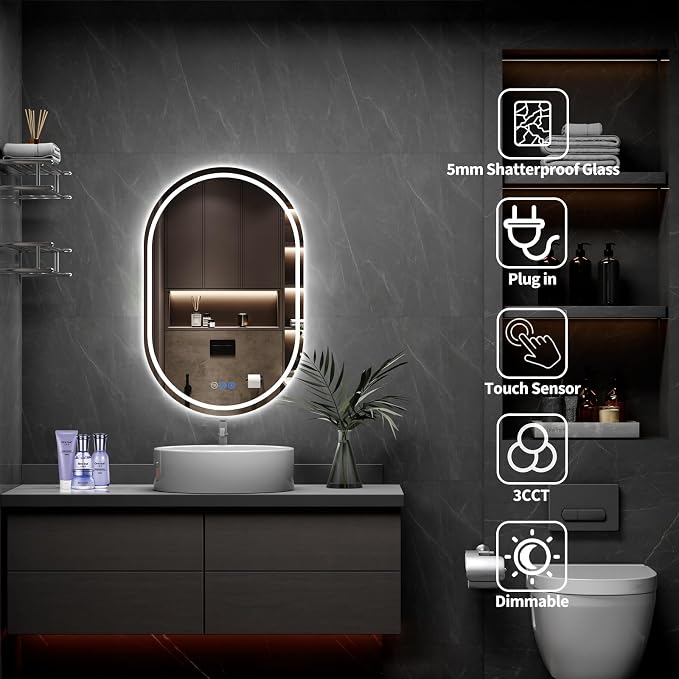 Oval LED Bathroom Mirror, 24"x 36" Frameless Lighted Mirror | LED Mirror with Front Light & Backlit, Anti-Fog, Dimmable Wall Mounted Lighted Mirror, Pill-Shaped Smart Bathroom Mirror