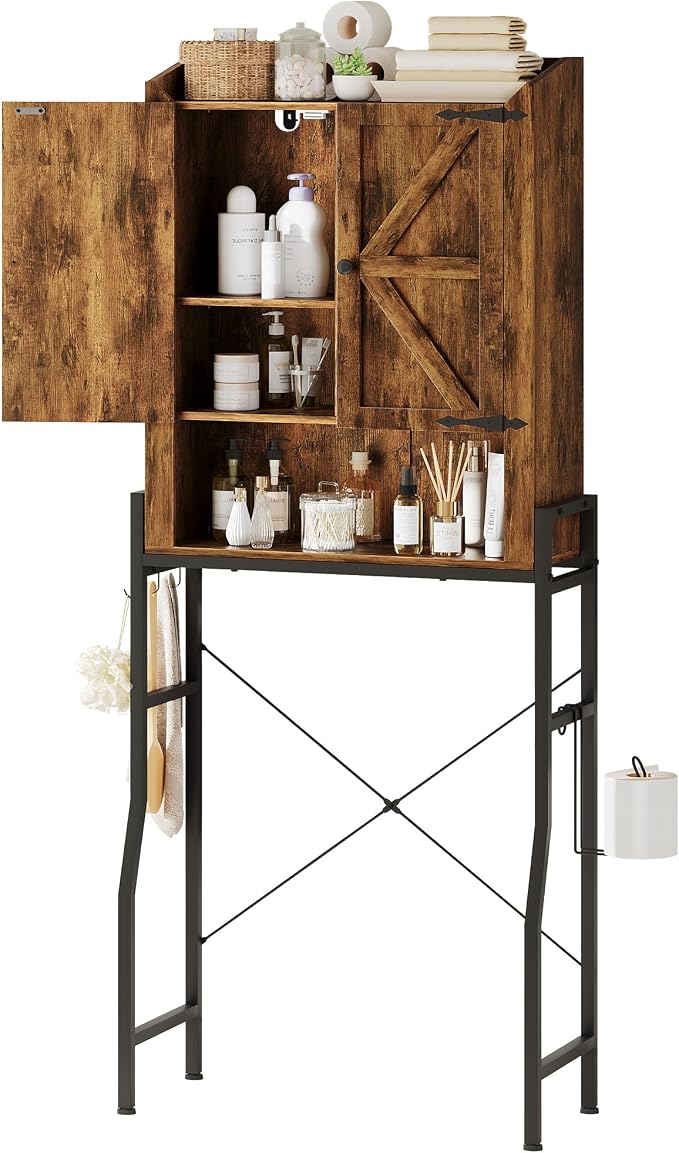 Over The Toilet Storage Cabinet with Metal Stand, Rustic Brown | Toilet Paper Holder, 3 Extra Hooks, Anti-Tipping Device, With Adjustable Shelves, for Bathroom, Restroom, Laundry