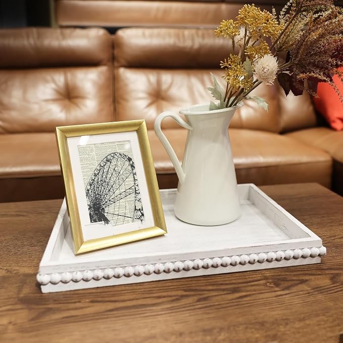 Hrastany Wood Decorative Coffee Table Serving Tray, Farmhouse Rectangular Tray with Wooden Bead for Ottoman, Entertaining, Home Decor, 15.7”*11.8”*1.57” (Whitewashed)