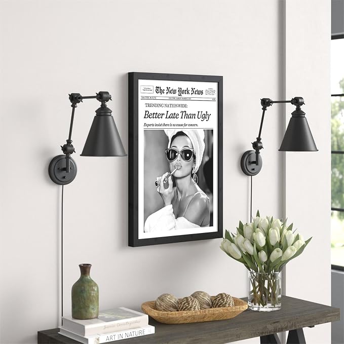 Black and White Newspaper Canvas Poster Better Late Than Ugly Quotes Wall Art 16X24 inch Black Framed Fashion Feminist Aesthetic Prints Bar Cart Wall Decor for Girls Bathroom