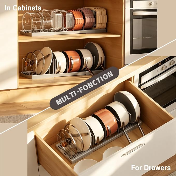 Magheo 2 Pack Pots and Pans Organizer Under Cabinet, Expandable 12.6"-22.8" Kitchen Cabinet Organizer Holder with 10 Adjustable Dividers for Food Storage Container Lid, Cookie Sheet, Cookware(Gray)