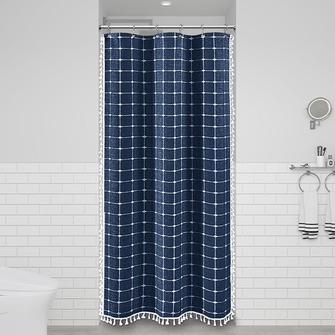 Stall Boho Farmhouse Linen Heavy Duty Shower Curtain, 36x72, Navy Blue | Half Size, 330GSM Linen Blend, 3-side Tassels, Water Repellent Fabric, 6 Plastic Hooks, Rustic Bohemian, Machine Washable
