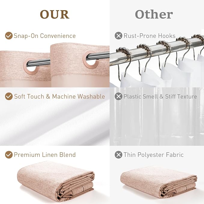 Blush Ringless Linen Textured Shower Curtain with Snap in Liner, 72x75 | 3 in 1 Hotel Shower Curtain Set, Removable Liner, Waterproof & Washable, Mesh Top Window, Durable Fabric, Easy to Install