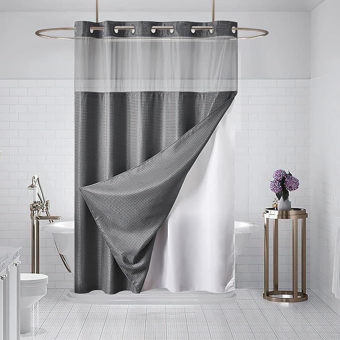 Furlinic No Hooks Needed Waffle Weave Shower Curtain with Snap in Fabric Liner,Honeycomb Texture Bathroom Curtains with See Through Top Window,Waterproof,Dark Grey,71x96 Inch