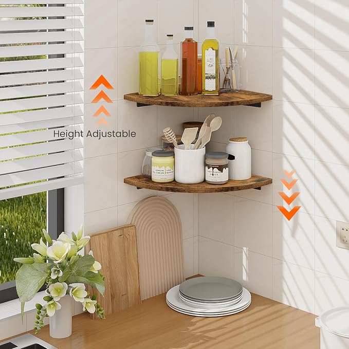 Corner Shelf Wall Mount, 12 Inch Wood Floating Corner Shelves with Cord Hole, Set of 2 Large Corner Hanging Shelves for Bathroom Bedroom Kitchen, Rustic Brown