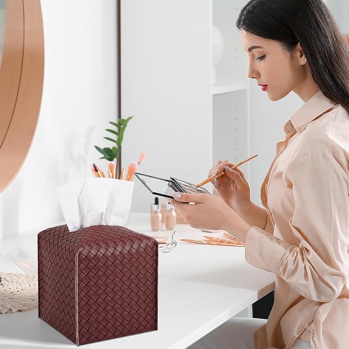Tissue Box Cover Square Leather Facial Paper Holder, Dark red | PU Leather,Easy to Fill, Easy Clean, Decorative Cube Tissue Box Holder for Office, Bathroom,Kitchen, Living room, Guest room