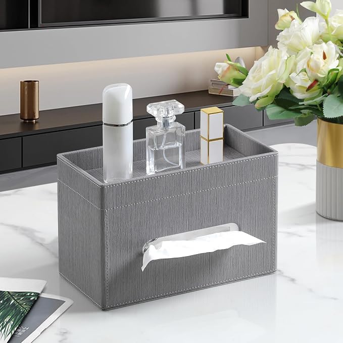 Plus Size Tissue Box Cover, Rectangle Tissue Box Organizer, Grey | Fit 180/230 Count Tissue Boxes, Storage Tray, PU Leather Large Tissue Box Cover, Rectangular Tissue Box Holder for Bathroom
